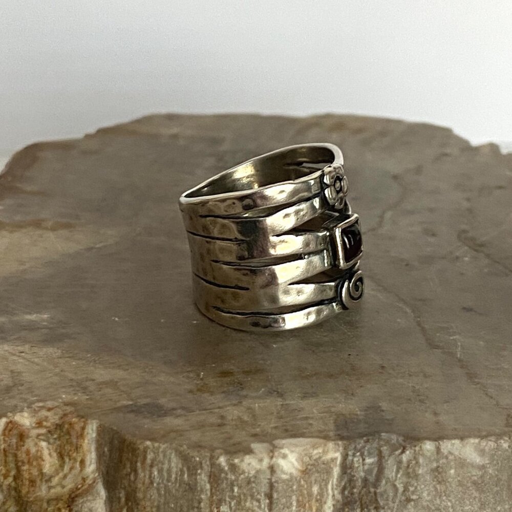 Silpada Sterling Silver 925 Garnet Hammered Cuff Wide Band Ring Sz 8 - Picture 15 of 16